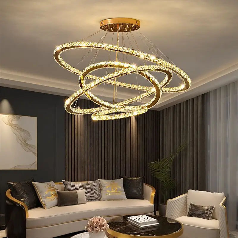 Lustra LED cu Telecomanda PRISM Luminis, Cristal si Metal, 210W, 4 Cercuri, Dimabila, Lumina Rece/Calda/Neutra, Iluminat Luxos