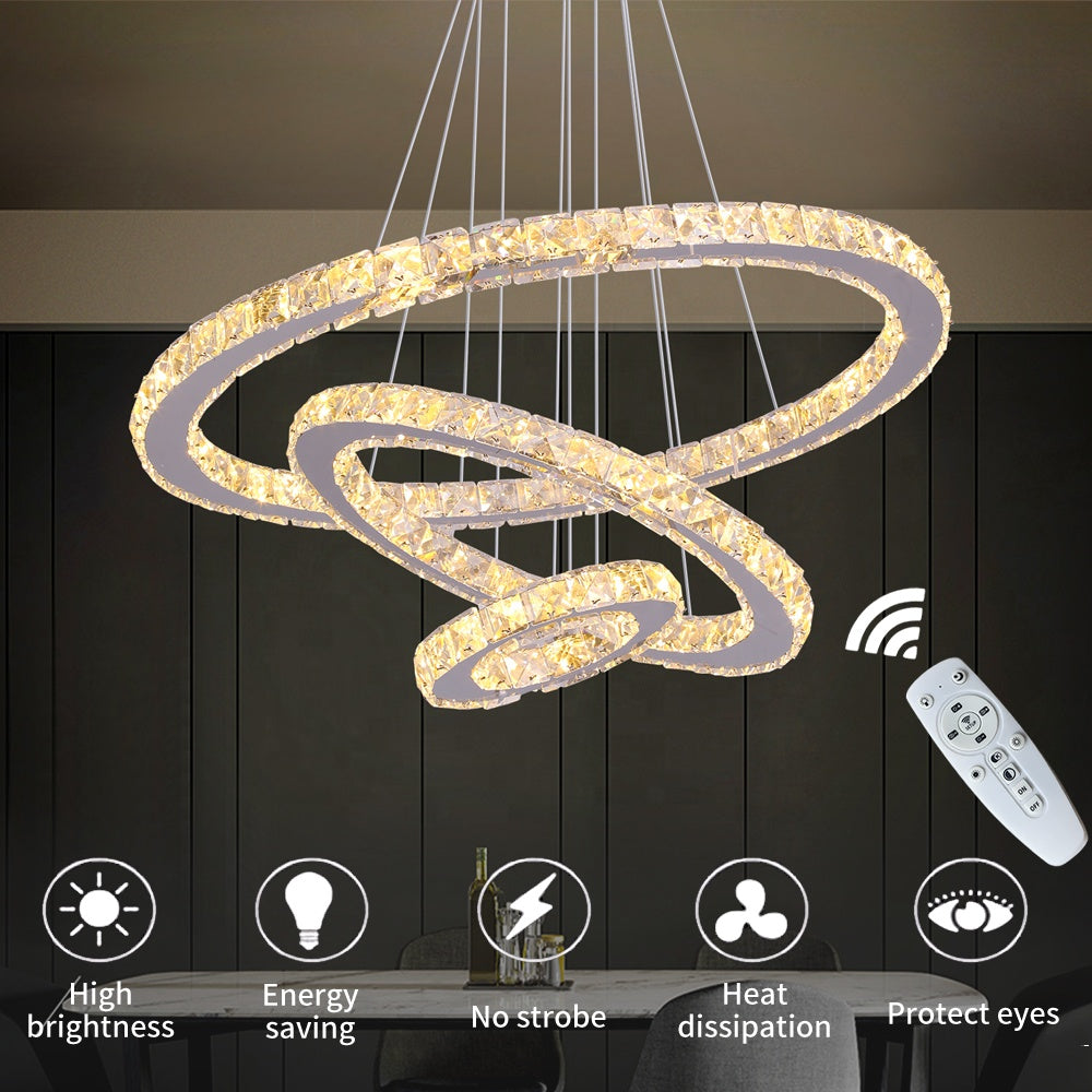 Lustra LED suspendata cu telecomanda si cristal CAYDEN 200W, 3 Cercuri, lumina Rece/Calda/Neutra, Dimabila, Crom Lucios, Inaltime Reglabila