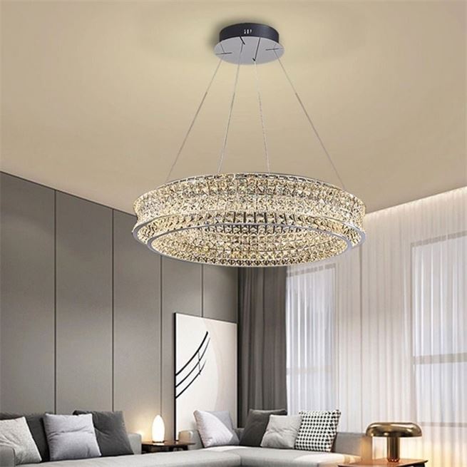 Lustra LED cu Telecomanda, LLC160/500CH, Cristal si Metal, 54W, 1 Cerc, Dimabila, Inaltime Reglabila, Lumina Rece/Calda/Neutra, Iluminat Luxos