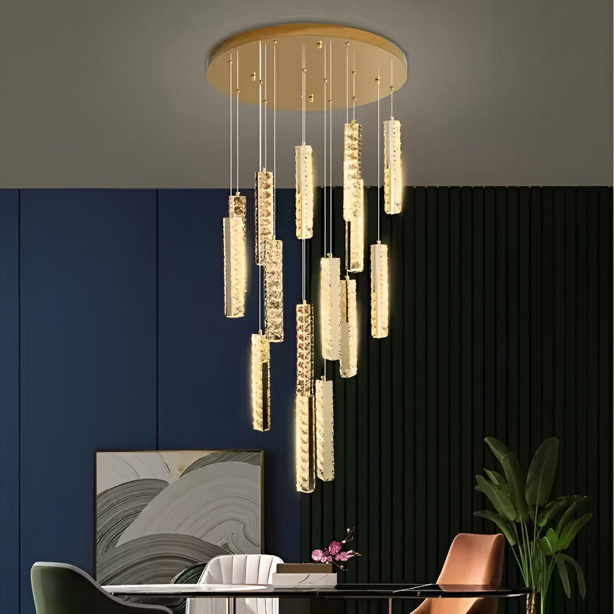 Candelabru Cristal LED AMIRI 82W Crom, Lumina Calda/Neutra/Rece 3000K/4000K/6000K Amiri, Diametru 40cm x Inaltime 300cm, Cristal si Metal