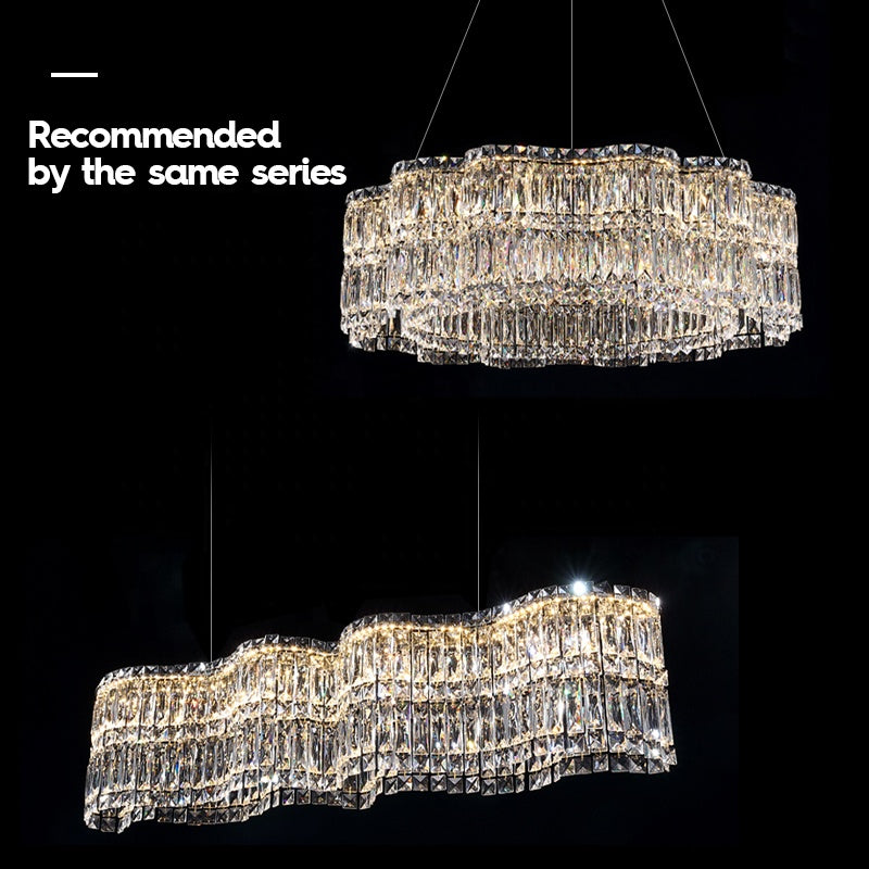 Candelabru Cristal LED cu Telecomanda WAVE Imperio, 81W, 100cm, Crom Lucios, Lumina Calda/Rece/Neutra, Inaltime Reglabila, Lumina Dimabila, Metal si Cristal