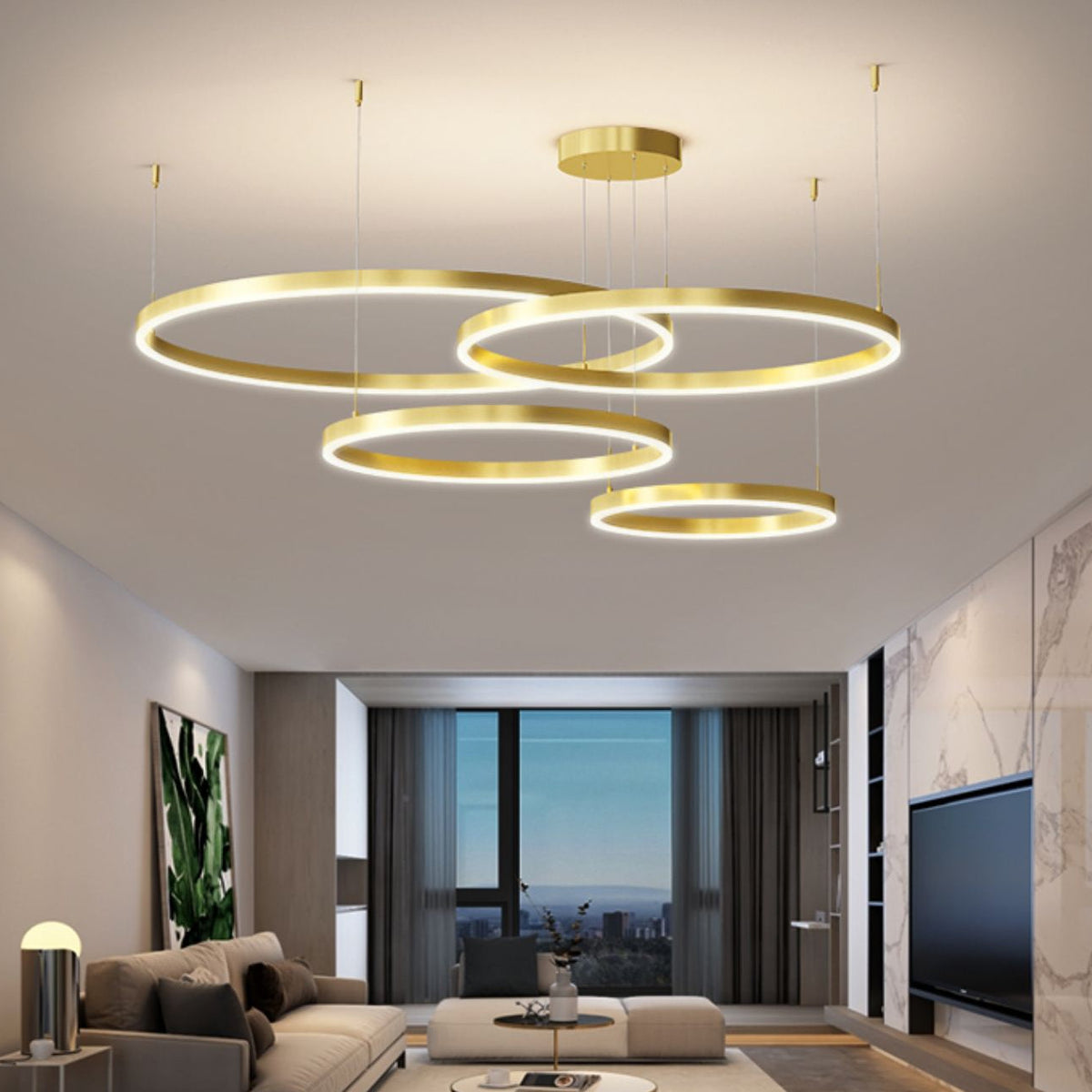 Lustra LED suspendata cu telecomanda LT813/4GD 139W, 4 Cercuri, lumina Rece/Calda/Neutra, Dimabila, Auriu, Inaltime Reglabila
