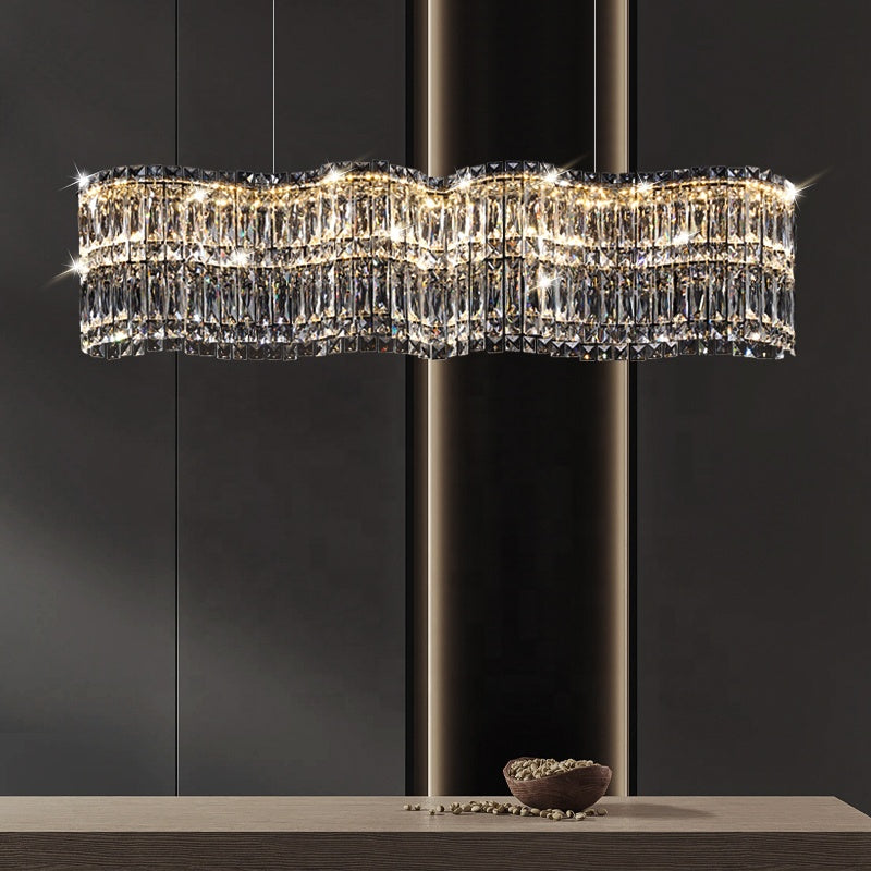 Candelabru Cristal LED cu Telecomanda WAVE Regalis, 52W, Lumina Calda/Rece/Neutra Inaltime Reglabila, Lumina Dimabila, Metal si Cristal