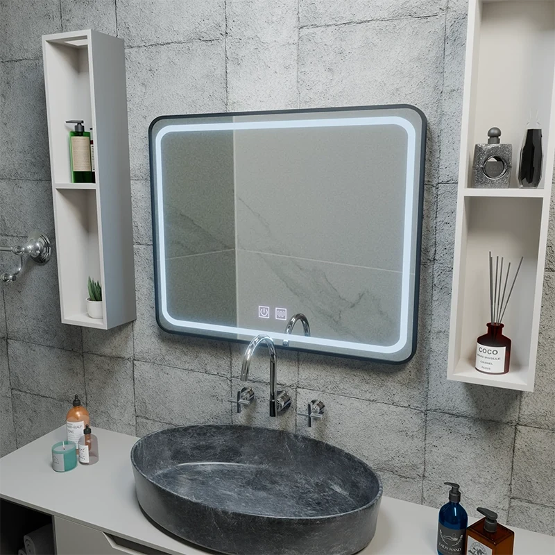 Oglinda LED Rectangulara 80x60cm – EDGE Touch Sistem Dezaburire, Rama Neagra