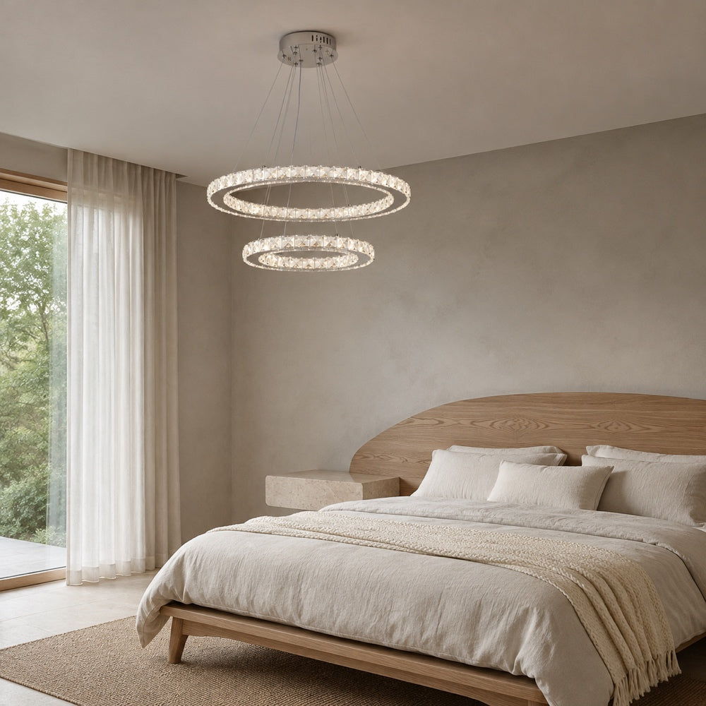 Lustra LED cu telecomanda si cristal PRISM LUMINIS 58W, 2 Cercuri, lumina Rece/Calda/Neutra, Dimabila, Crom si Alb, Inaltime Reglabila, imaginea 12