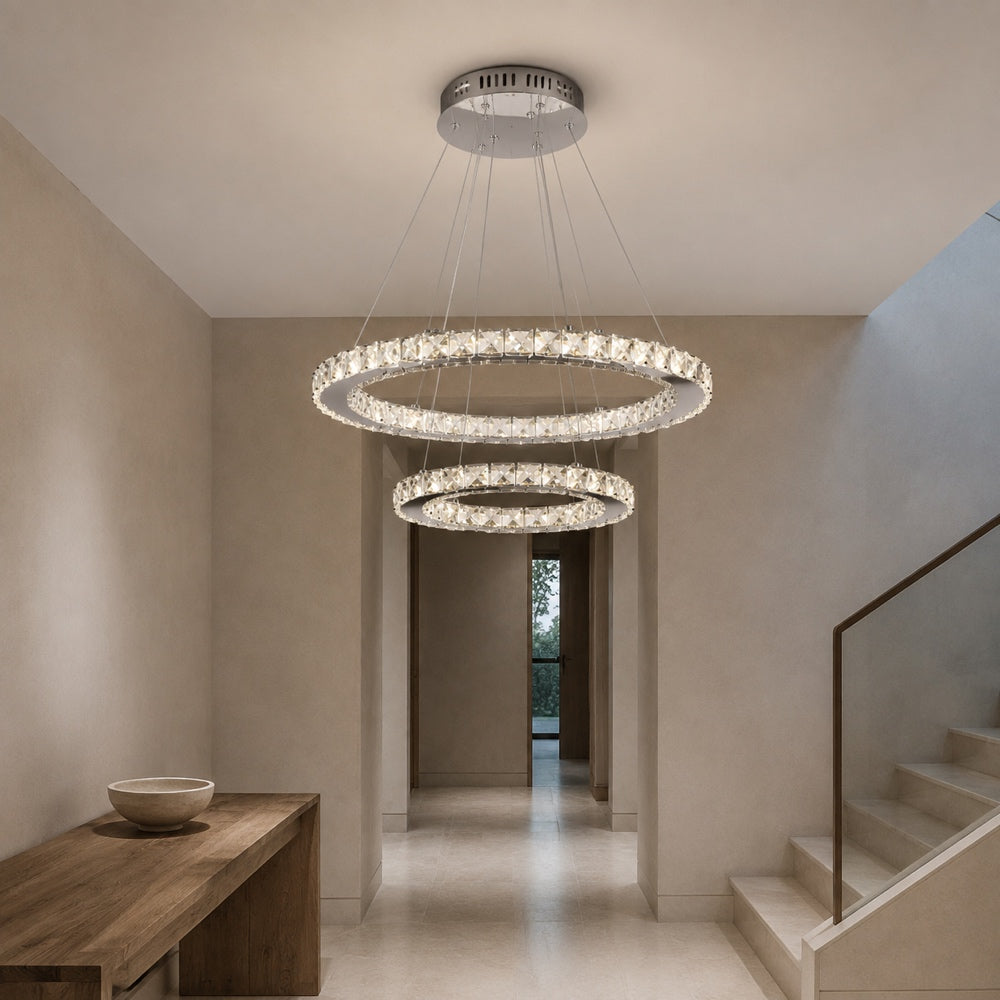 Lustra LED cu telecomanda si cristal PRISM LUMINIS 58W, 2 Cercuri, lumina Rece/Calda/Neutra, Dimabila, Crom si Alb, Inaltime Reglabila, imaginea 13