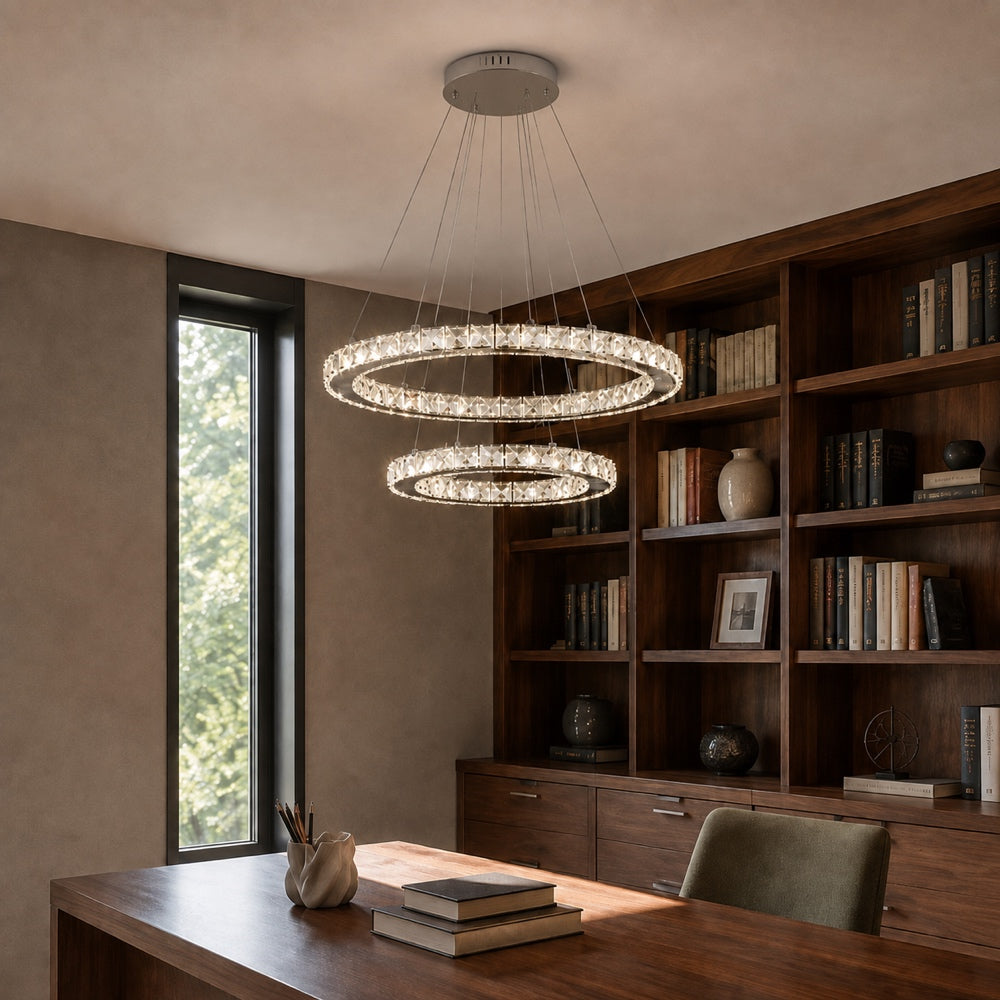 Lustra LED cu telecomanda si cristal PRISM LUMINIS 58W, 2 Cercuri, lumina Rece/Calda/Neutra, Dimabila, Crom si Alb, Inaltime Reglabila, imaginea 14