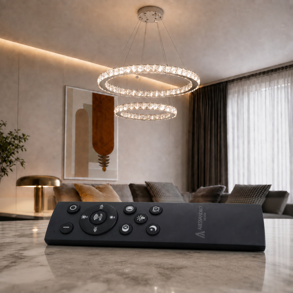 Lustra LED cu telecomanda si cristal PRISM LUMINIS 58W, 2 Cercuri, lumina Rece/Calda/Neutra, Dimabila, Crom si Alb, Inaltime Reglabila, imaginea 3