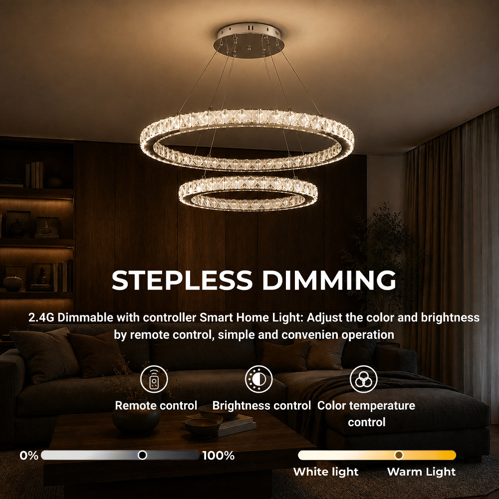 Lustra LED cu telecomanda si cristal PRISM LUMINIS 58W, 2 Cercuri, lumina Rece/Calda/Neutra, Dimabila, Crom si Alb, Inaltime Reglabila, imaginea 4