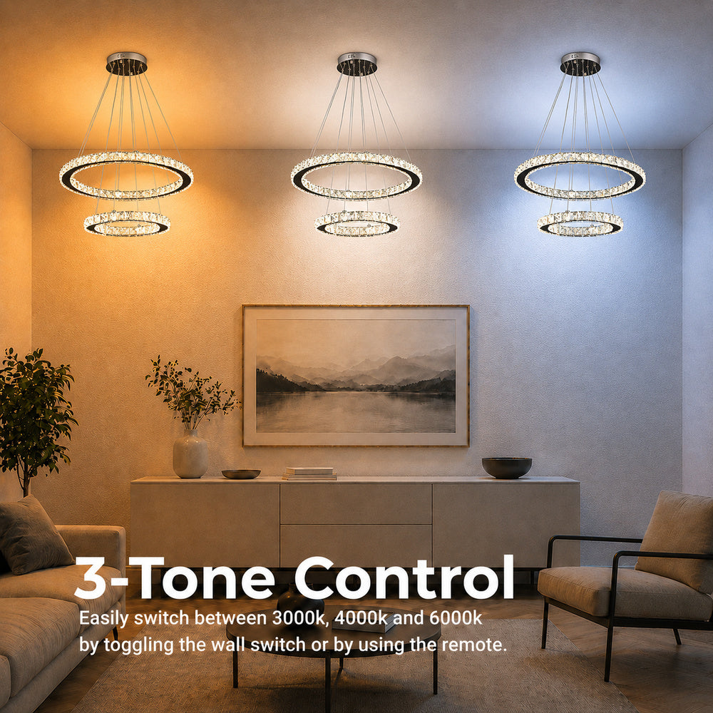Lustra LED cu telecomanda si cristal PRISM LUMINIS 58W, 2 Cercuri, lumina Rece/Calda/Neutra, Dimabila, Crom si Alb, Inaltime Reglabila, imaginea 5