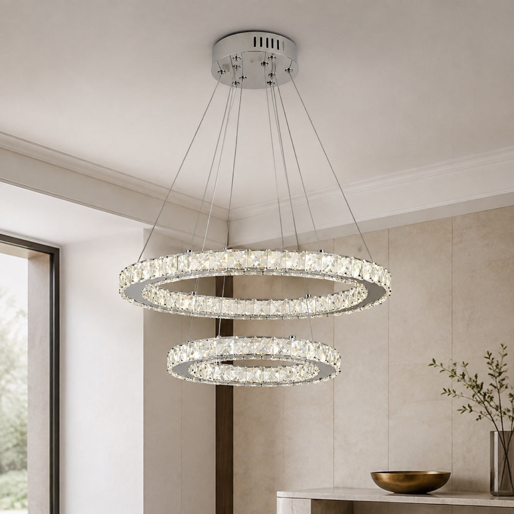 Lustra LED cu telecomanda si cristal PRISM LUMINIS 58W, 2 Cercuri, lumina Rece/Calda/Neutra, Dimabila, Crom si Alb, Inaltime Reglabila, imaginea 8