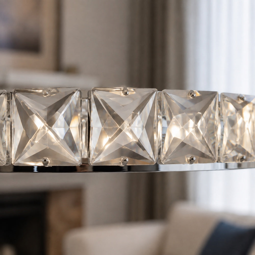 Lustra LED cu telecomanda si cristal PRISM LUMINIS 58W, 2 Cercuri, lumina Rece/Calda/Neutra, Dimabila, Crom si Alb, Inaltime Reglabila, imaginea 2