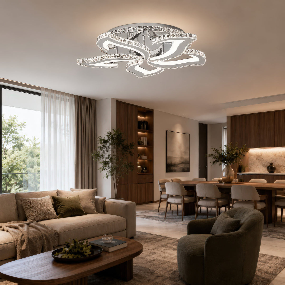 Lustra LED cu telecomanda si cristal Alejandro RGB 88W, 5 Flori, lumina Rece/Calda/Neutra, Dimabila, Crom Lucios, imaginea 11