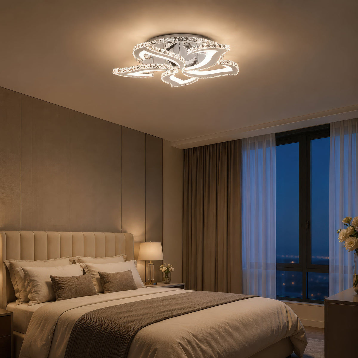 Lustra LED cu telecomanda si cristal Alejandro RGB 88W, 5 Flori, lumina Rece/Calda/Neutra, Dimabila, Crom Lucios, imaginea 12