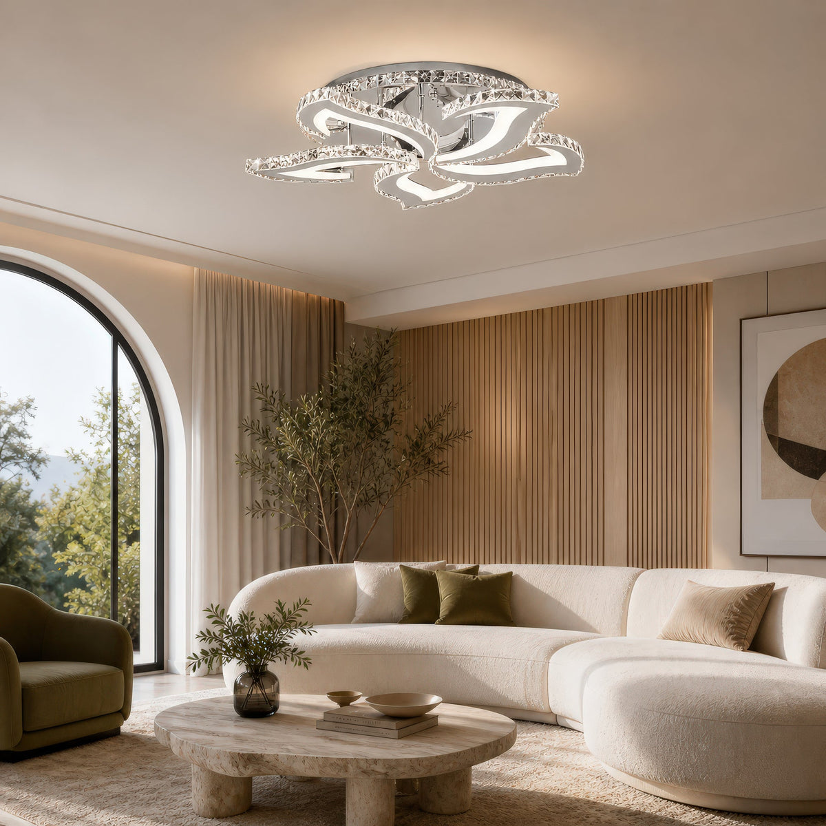 Lustra LED cu telecomanda si cristal Alejandro RGB 88W, 5 Flori, lumina Rece/Calda/Neutra, Dimabila, Crom Lucios, imaginea 13
