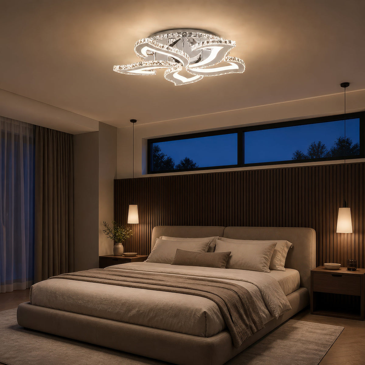 Lustra LED cu telecomanda si cristal Alejandro RGB 88W, 5 Flori, lumina Rece/Calda/Neutra, Dimabila, Crom Lucios, imaginea 14