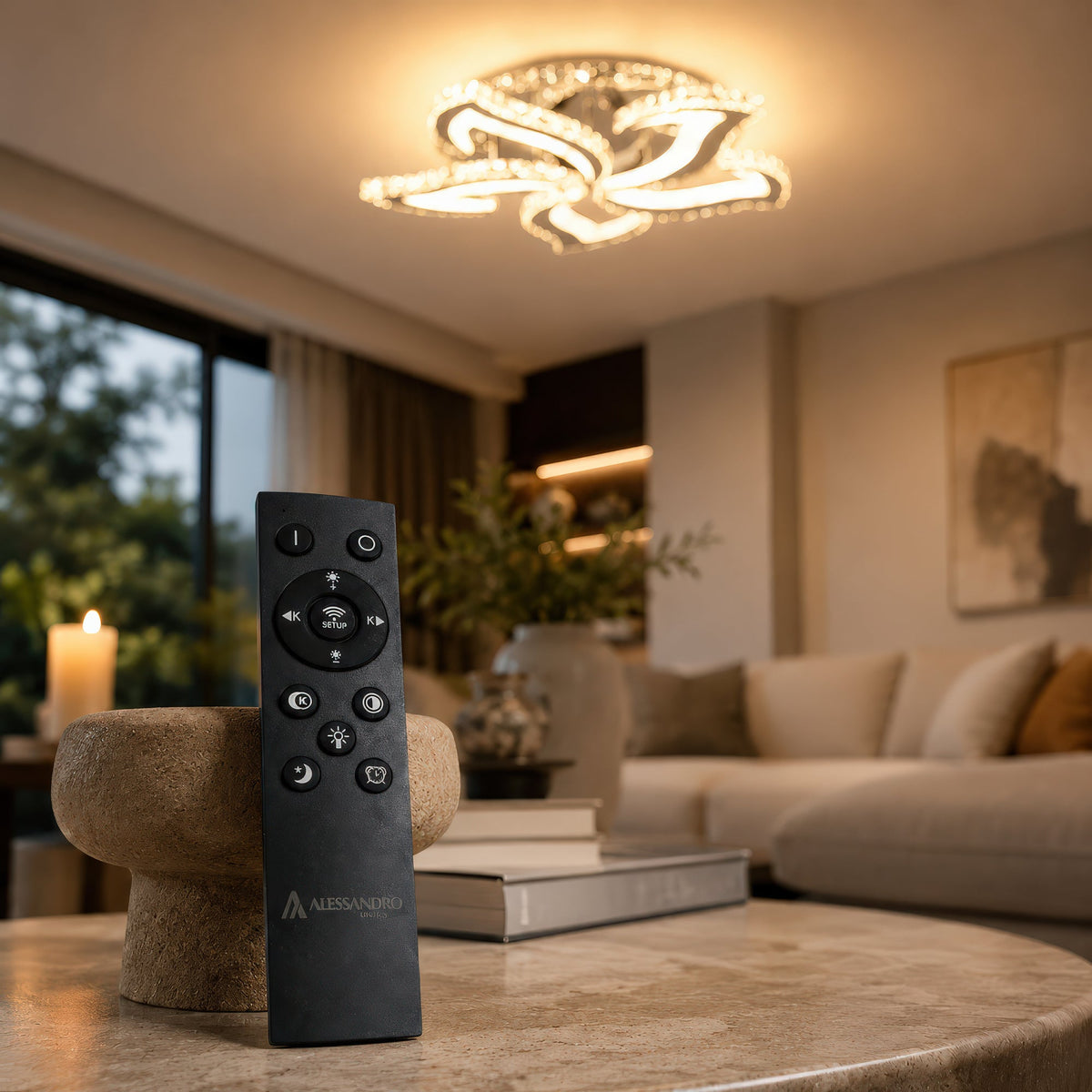 Lustra LED cu telecomanda si cristal Alejandro RGB 88W, 5 Flori, lumina Rece/Calda/Neutra, Dimabila, Crom Lucios, imaginea 3