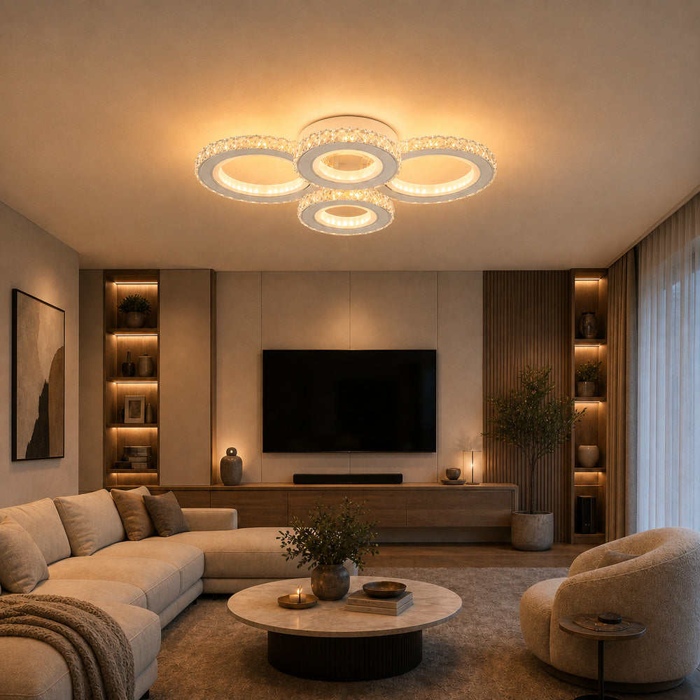 Plafoniera LED cu telecomanda si cristal NOVA ROTONDA RGB 82W, 4 Cercuri, lumina Rece/Calda/Neutra, Dimabila, Alb, imaginea 1