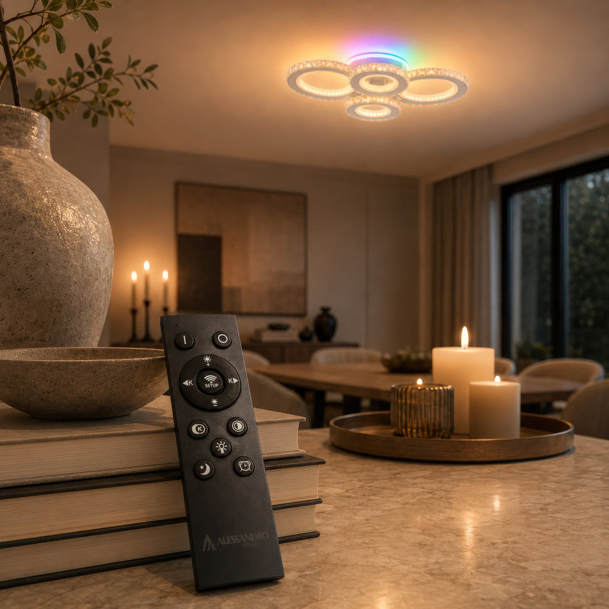 Plafoniera LED cu telecomanda si cristal NOVA ROTONDA RGB 82W, 4 Cercuri, lumina Rece/Calda/Neutra, Dimabila, Alb, imaginea 3