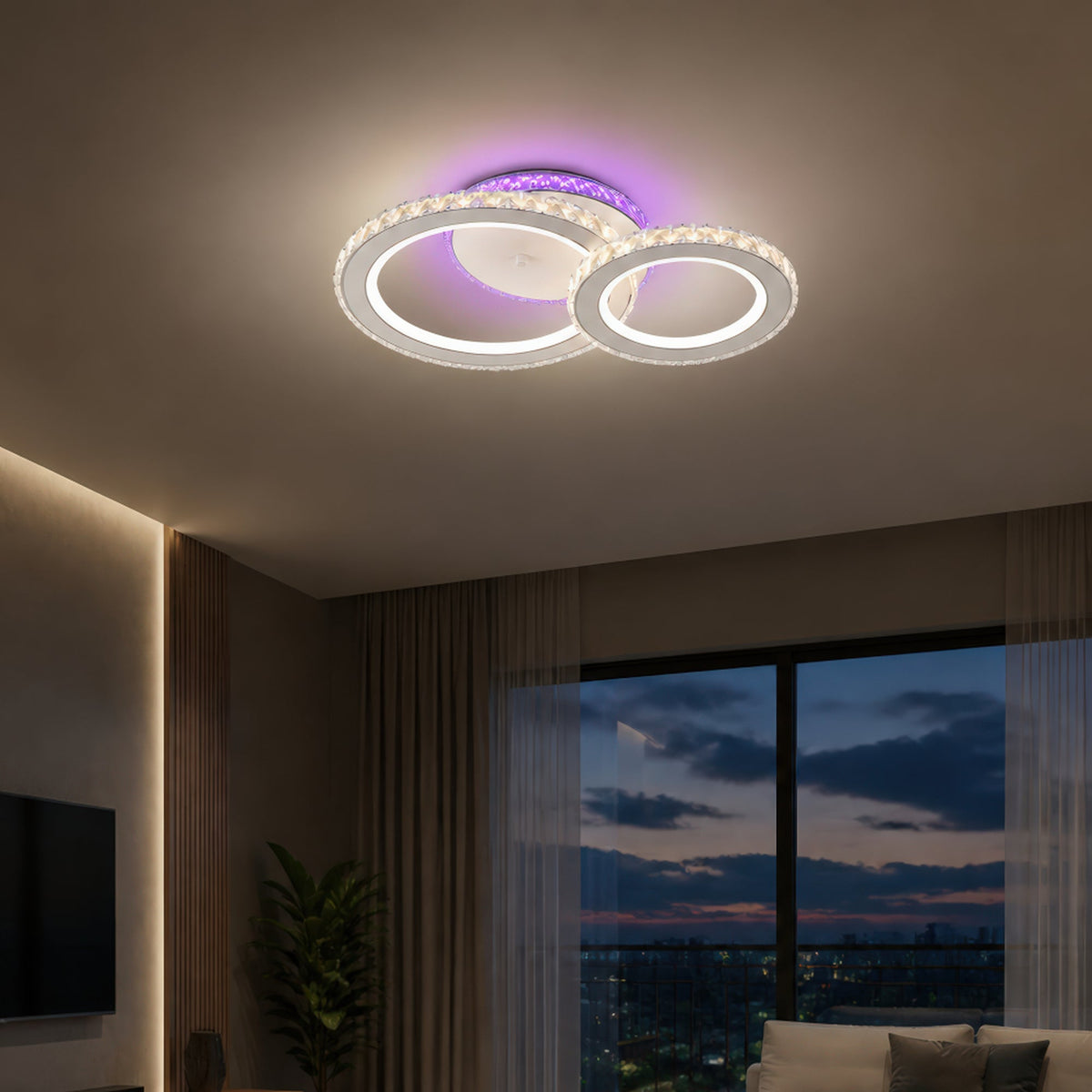 Lustra LED cu telecomanda si cristal NOVA ROTONDA RGB 42W, 2 Cercuri, lumina Rece/Calda/Neutra, Dimabila, Alb, imaginea 1