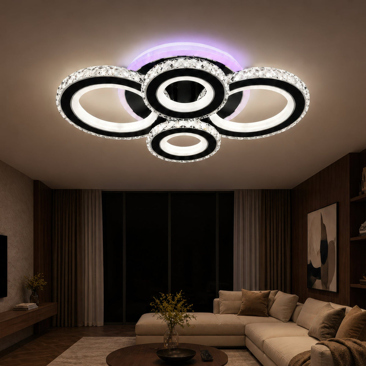 Lustra LED cu telecomanda si cristal NOVA ROTONDA RGB 82W, 4 Cercuri, lumina Rece/Calda/Neutra, Dimabila, Negru