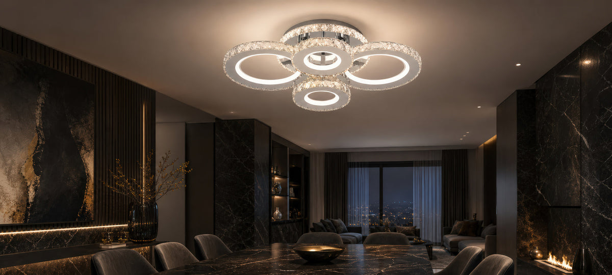 Lustra LED cu telecomanda si cristal NOVA ROTONDA RGB 82W, 4 Cercuri, lumina Rece/Calda/Neutra, Dimabila, Crom, imaginea 14