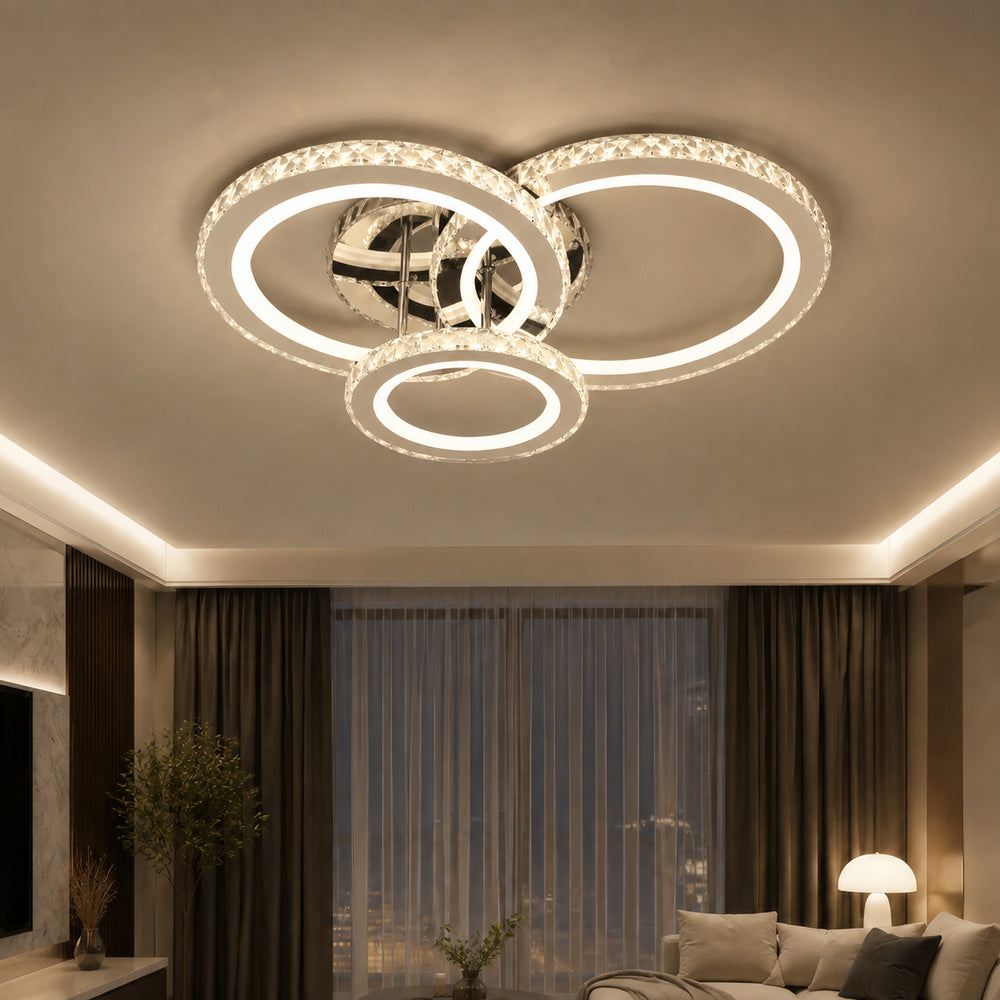 Lustra LED cu telecomanda si cristal NOVA ROTONDA RGB 73W, 3 Cercuri, lumina Rece/Calda/Neutra, Dimabila, Crom Lucios