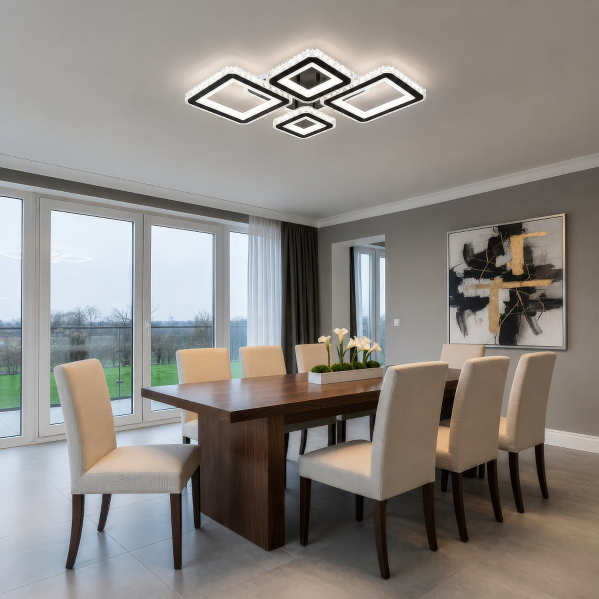 Lustra LED cu telecomanda si cristal QUADRIS RGB 96W, 4 Patrate, lumina Rece/Calda/Neutra, Dimabila, Negru, imaginea 11