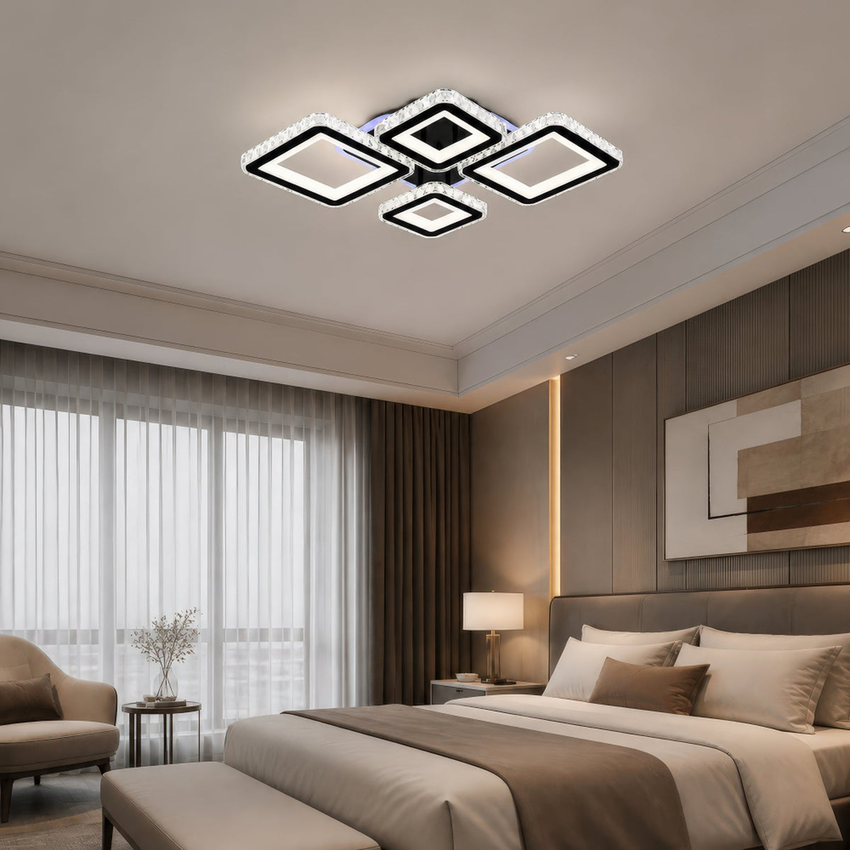 Lustra LED cu telecomanda si cristal QUADRIS RGB 96W, 4 Patrate, lumina Rece/Calda/Neutra, Dimabila, Negru, imaginea 13