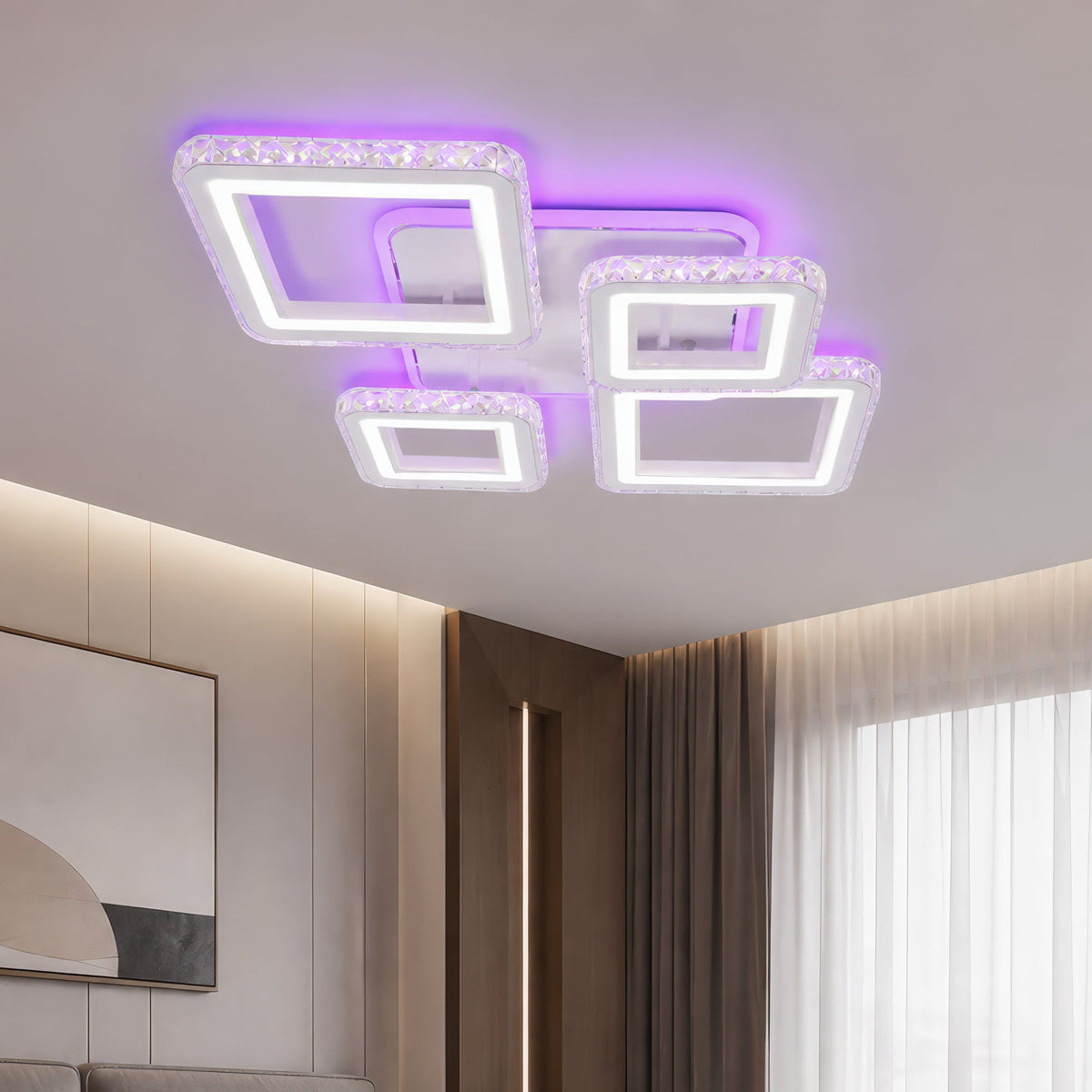 Lustra LED cu telecomanda si cristal QUADRIS RGB, 96W, 4 Patrate, lumina Rece/Calda/Neutra, Dimabila, Alb