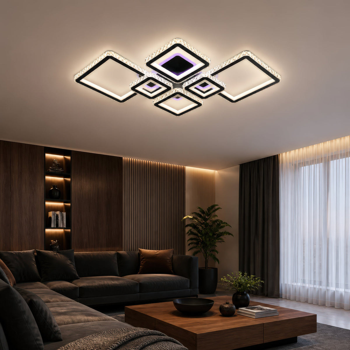 Lustra LED cu telecomanda si cristal QUADRIS RGB 177W, 6 Patrate, lumina Rece/Calda/Neutra 3000K/4000K/6000K, Dimabila, Negru, Metal si Cristal, imaginea 10