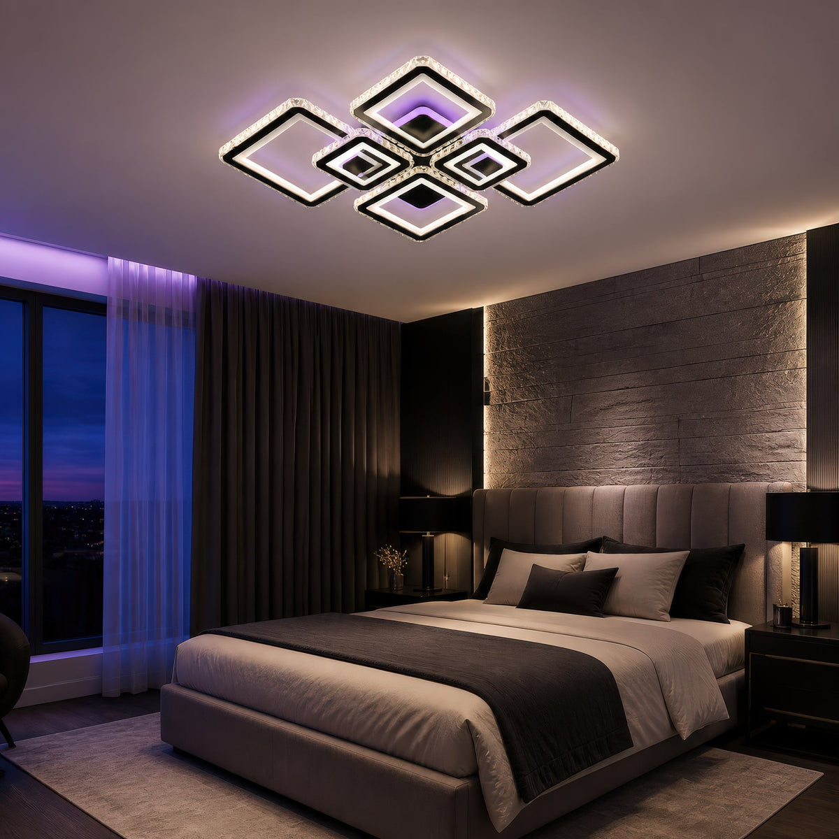 Lustra LED cu telecomanda si cristal QUADRIS RGB 177W, 6 Patrate, lumina Rece/Calda/Neutra 3000K/4000K/6000K, Dimabila, Negru, Metal si Cristal, imaginea 11