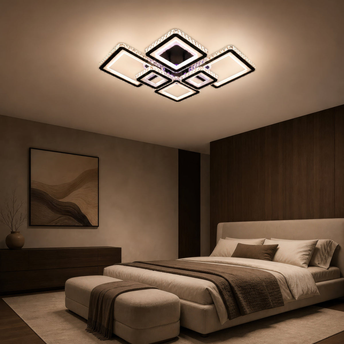Lustra LED cu telecomanda si cristal QUADRIS RGB 177W, 6 Patrate, lumina Rece/Calda/Neutra 3000K/4000K/6000K, Dimabila, Negru, Metal si Cristal, imaginea 12