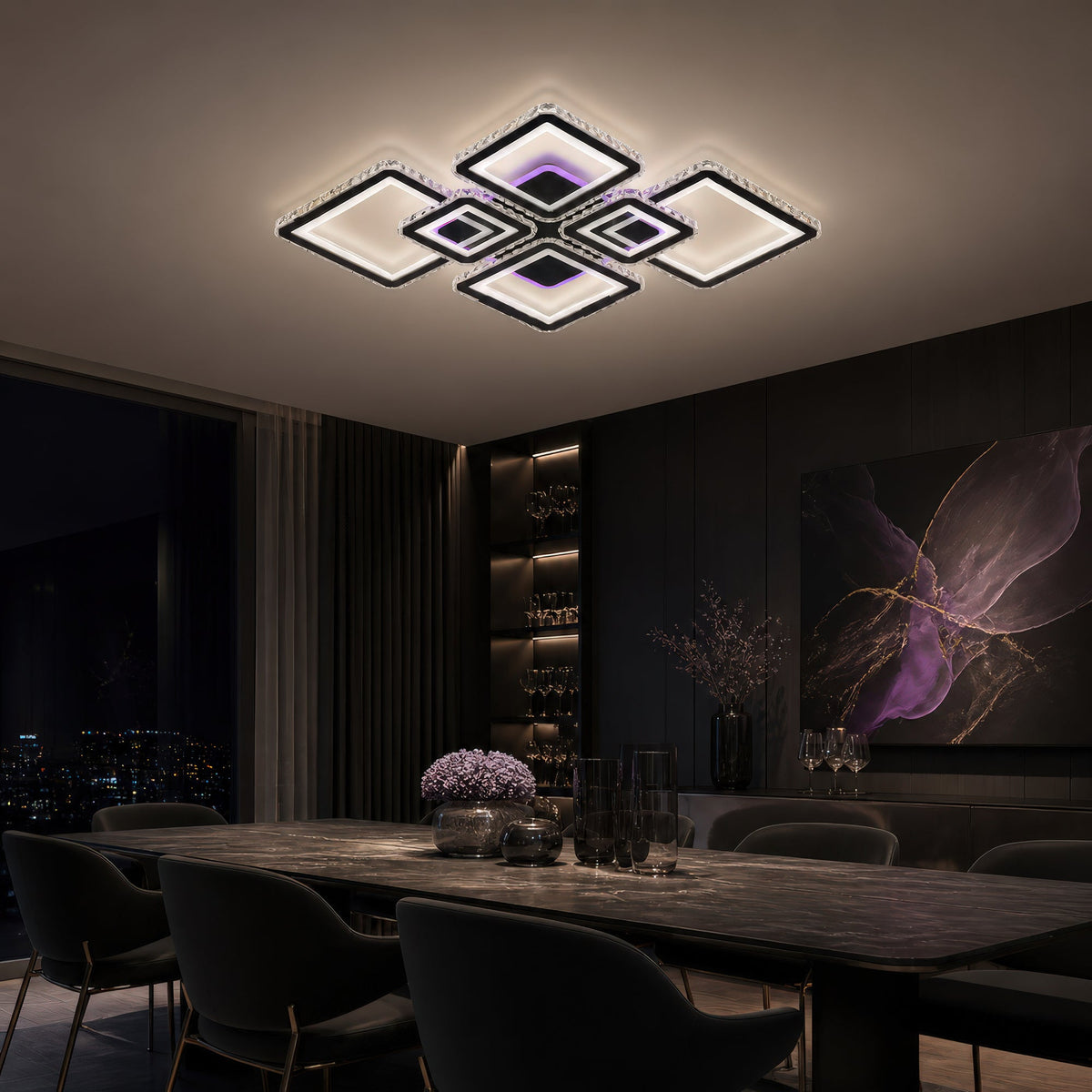 Lustra LED cu telecomanda si cristal QUADRIS RGB 177W, 6 Patrate, lumina Rece/Calda/Neutra 3000K/4000K/6000K, Dimabila, Negru, Metal si Cristal, imaginea 13