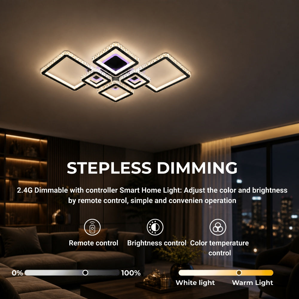 Lustra LED cu telecomanda si cristal QUADRIS RGB 177W, 6 Patrate, lumina Rece/Calda/Neutra 3000K/4000K/6000K, Dimabila, Negru, Metal si Cristal, imaginea 4