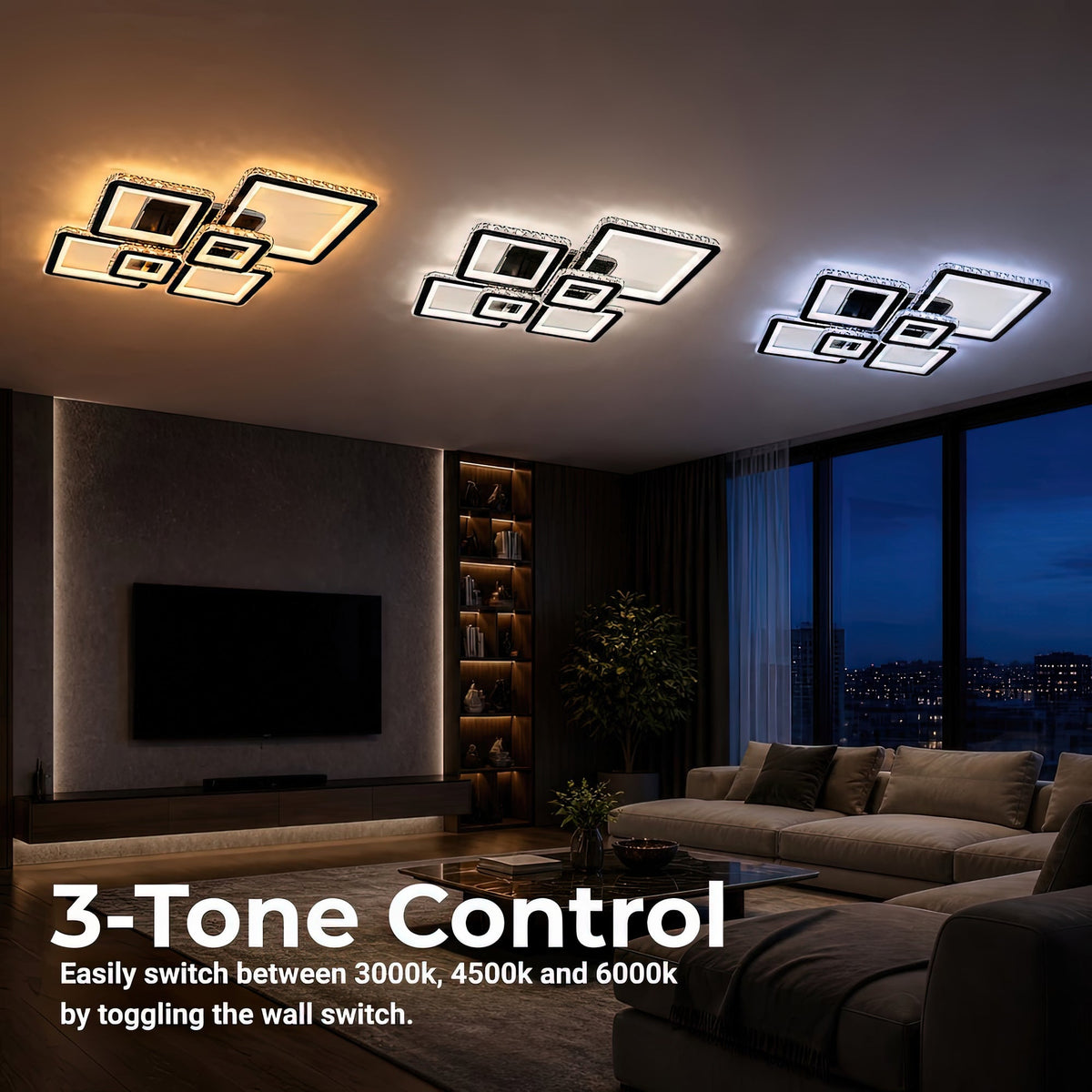 Lustra LED cu telecomanda si cristal QUADRIS RGB 177W, 6 Patrate, lumina Rece/Calda/Neutra 3000K/4000K/6000K, Dimabila, Negru, Metal si Cristal, imaginea 5
