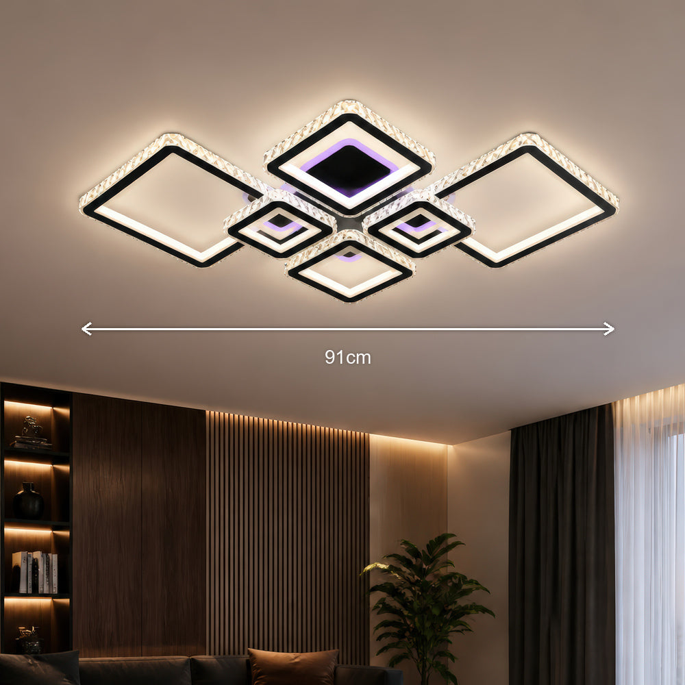 Lustra LED cu telecomanda si cristal QUADRIS RGB 177W, 6 Patrate, lumina Rece/Calda/Neutra 3000K/4000K/6000K, Dimabila, Negru, Metal si Cristal, imaginea 7