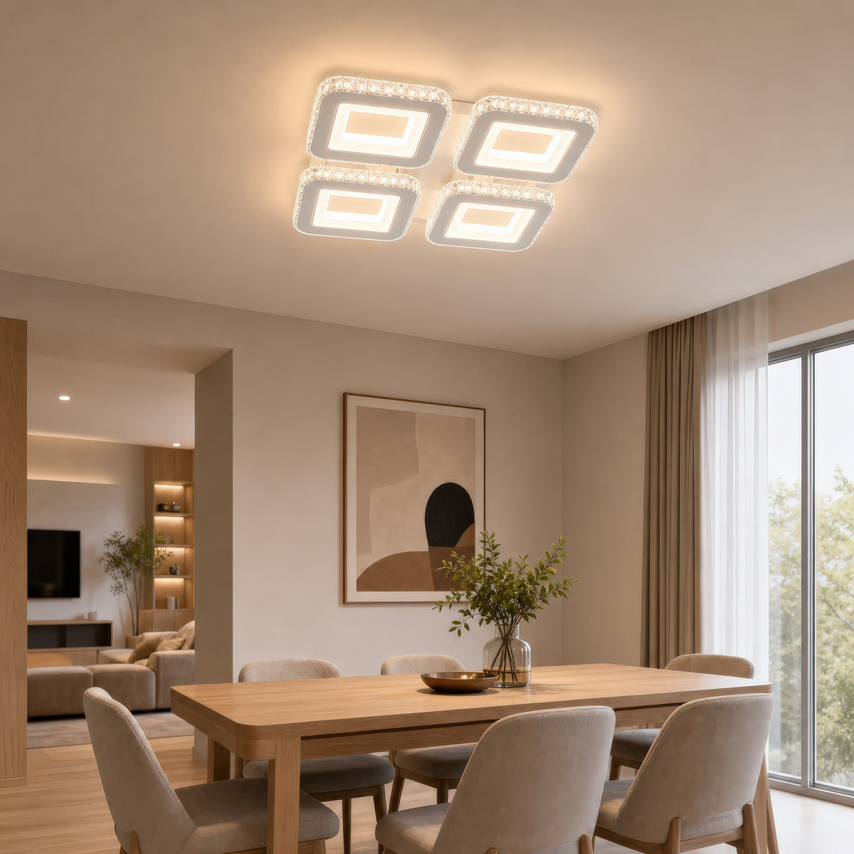 Lustra LED cu telecomanda si cristal LEILA RGB 69W, 4 Patrate, lumina Rece/Calda/Neutra, Dimabila, Alb, imaginea 11