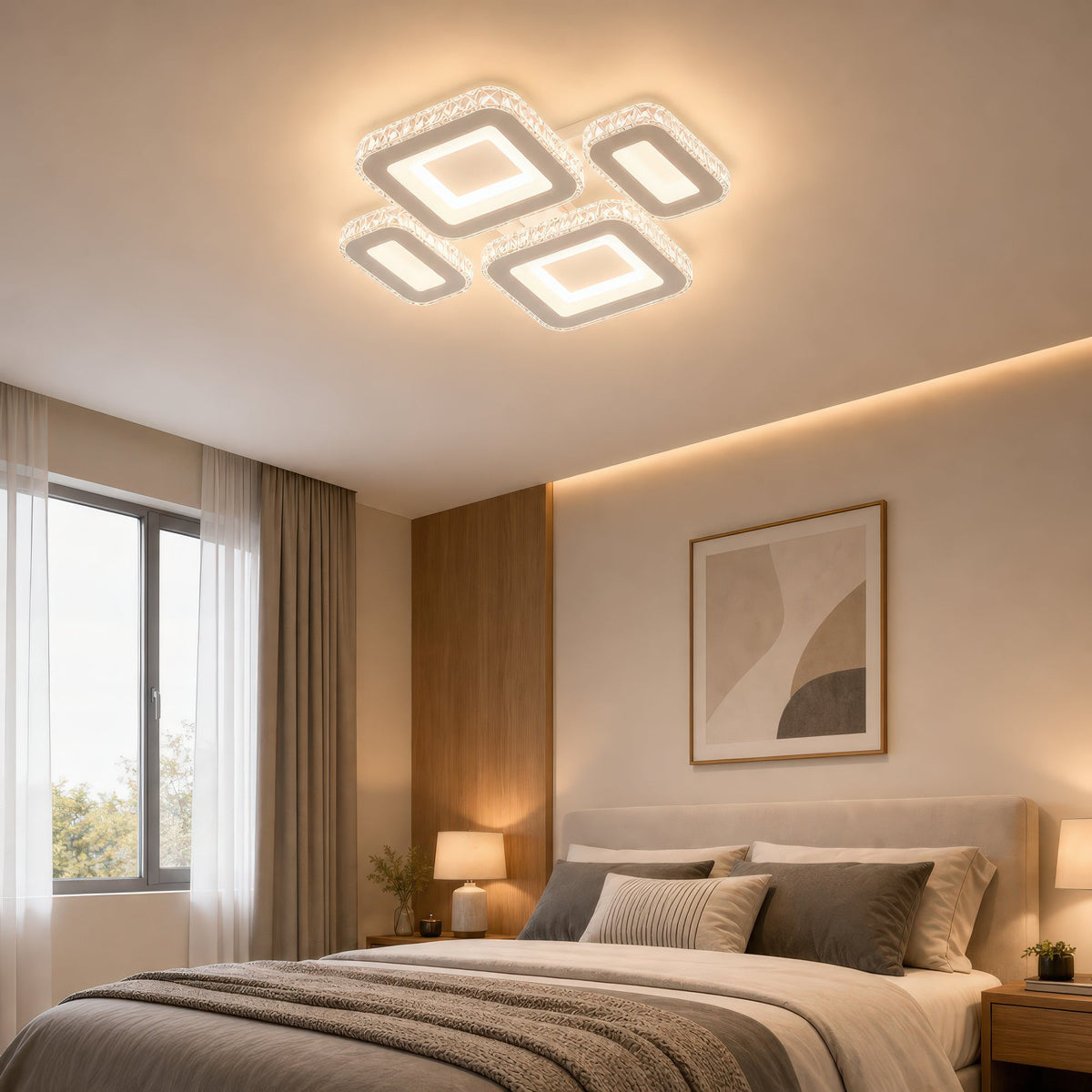 Lustra LED cu telecomanda si cristal LEILA RGB 69W, 4 Patrate, lumina Rece/Calda/Neutra, Dimabila, Alb, imaginea 12