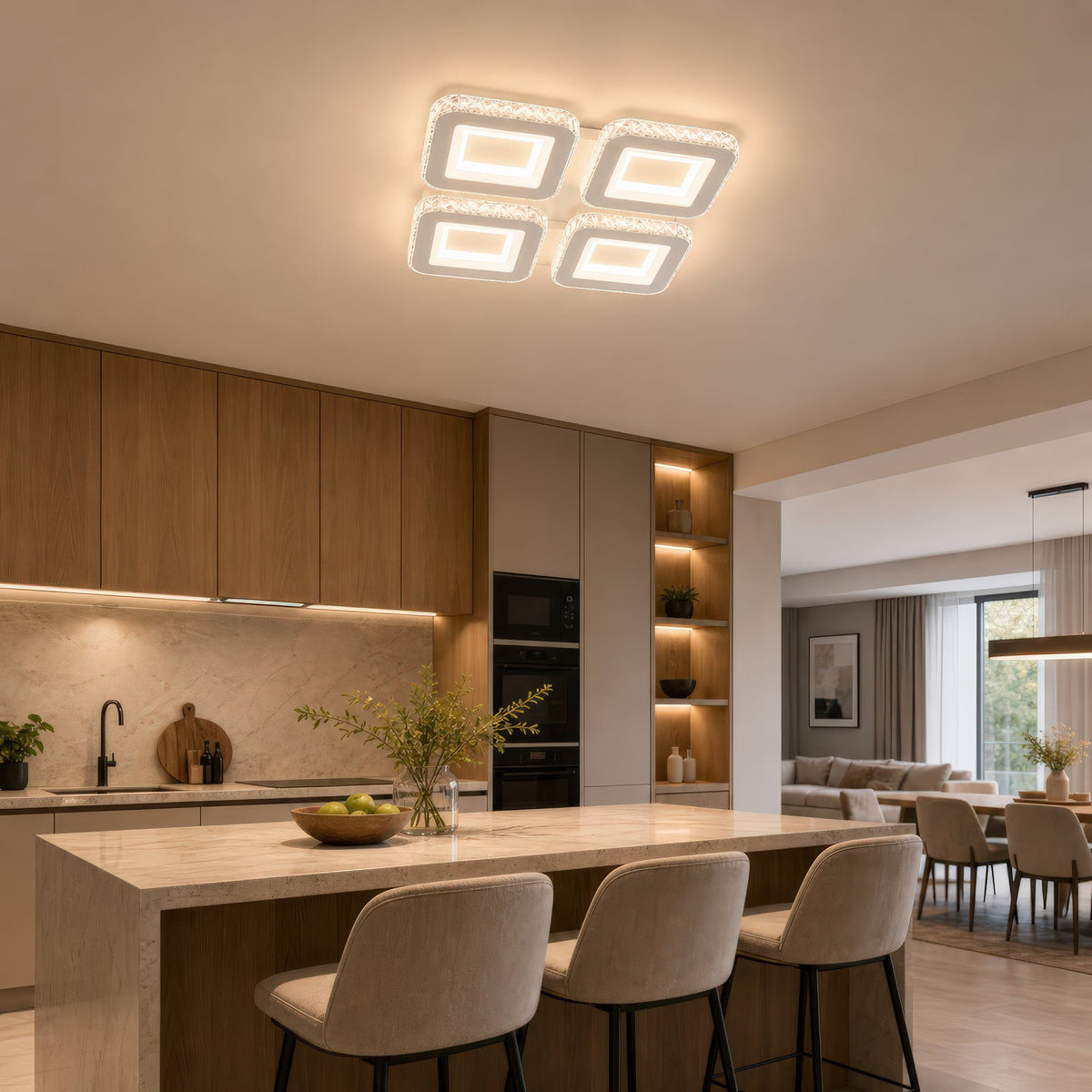 Lustra LED cu telecomanda si cristal LEILA RGB 69W, 4 Patrate, lumina Rece/Calda/Neutra, Dimabila, Alb, imaginea 14