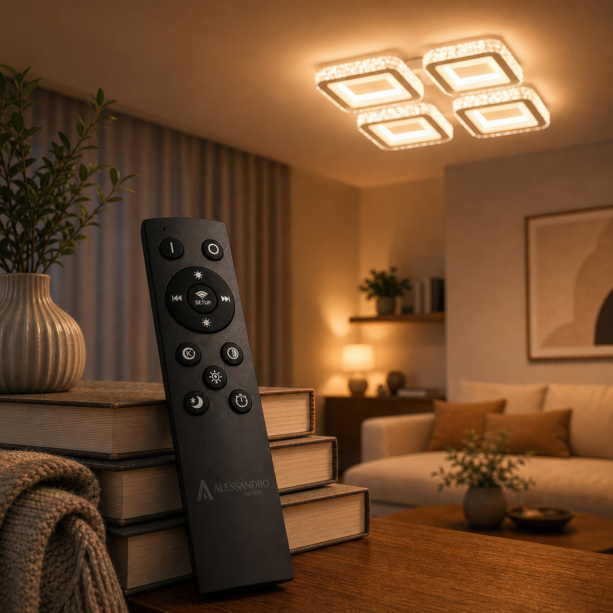 Lustra LED cu telecomanda si cristal LEILA RGB 69W, 4 Patrate, lumina Rece/Calda/Neutra, Dimabila, Alb, imaginea 3