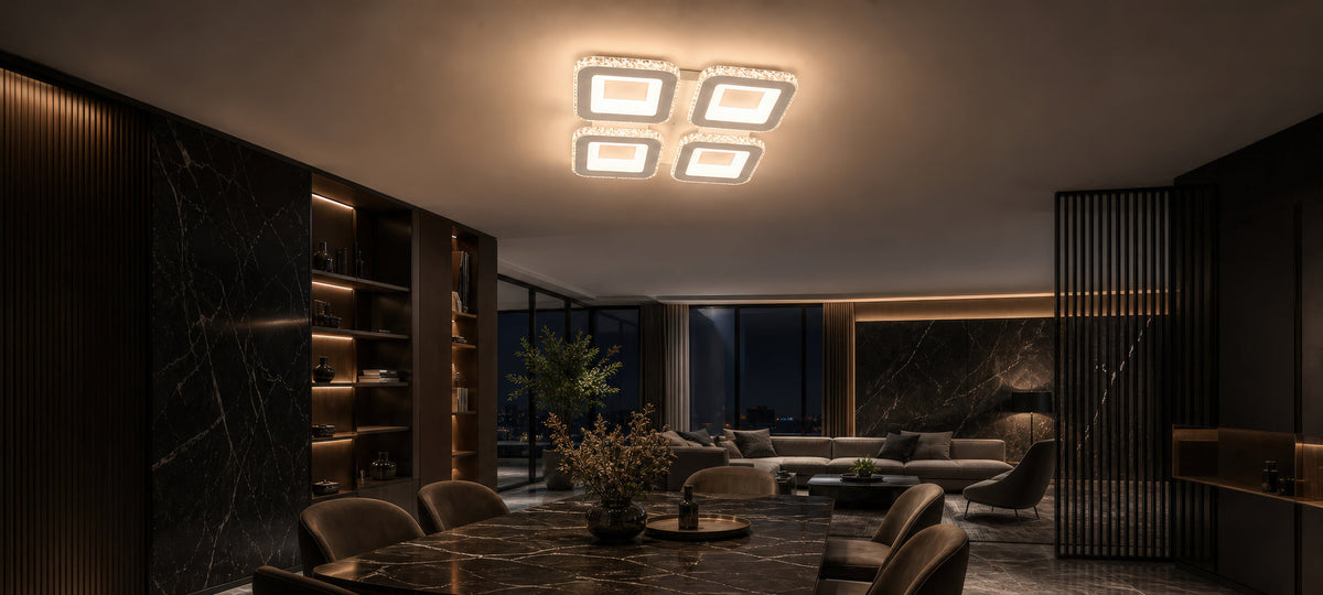 Lustra LED cu telecomanda si cristal LEILA RGB 69W, 4 Patrate, lumina Rece/Calda/Neutra, Dimabila, Alb, imaginea 15