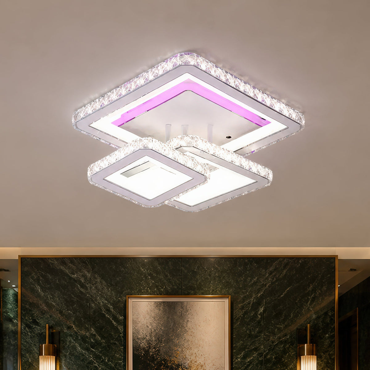 Lustra LED cu telecomanda si cristal LEILA 87W, 3 Patrate, lumina Rece/Calda/Neutra, Dimabila, Alb