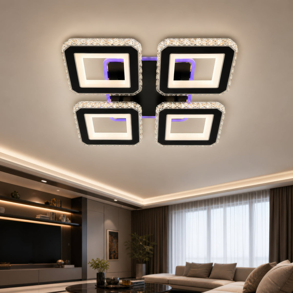 Lustra LED cu telecomanda si cristal LEILA RGB 69W, 4 Patrate, lumina Rece/Calda/Neutra, Dimabila, Negru