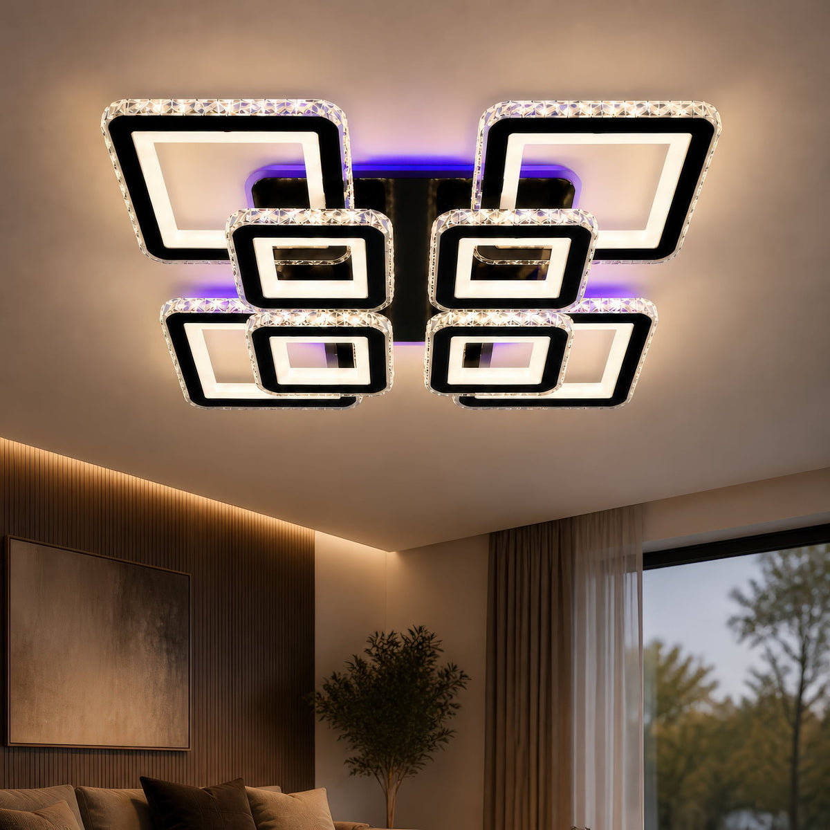 Lustra LED cu telecomanda si cristal LEILA RGB 176W, 8 Patrate, lumina Rece/Calda/Neutra, Dimabila, Negru