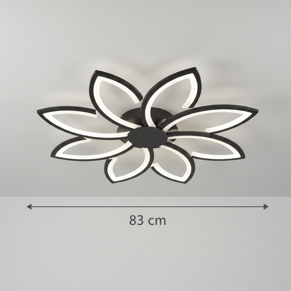 Lustra LED cu telecomanda si cristal FLORA 82W, 8 Petale, lumina Rece/Calda/Neutra, Dimabila, Negru