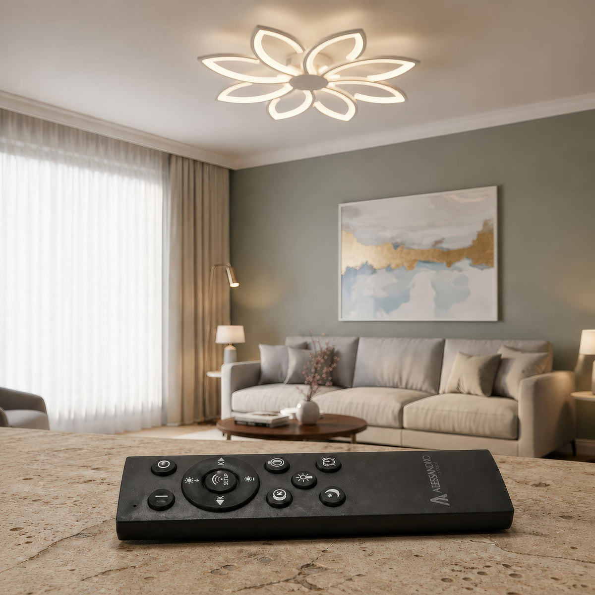 Lustra LED cu telecomanda BLUM, 108W, lumina Rece/Calda/Neutra, Dimabila, Alb, Metal si Acril