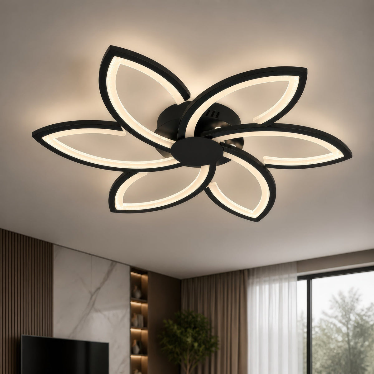 Lustra LED cu telecomanda si cristal FLORA 82W, 6 Petale, lumina Rece/Calda/Neutra, Dimabila, Negru