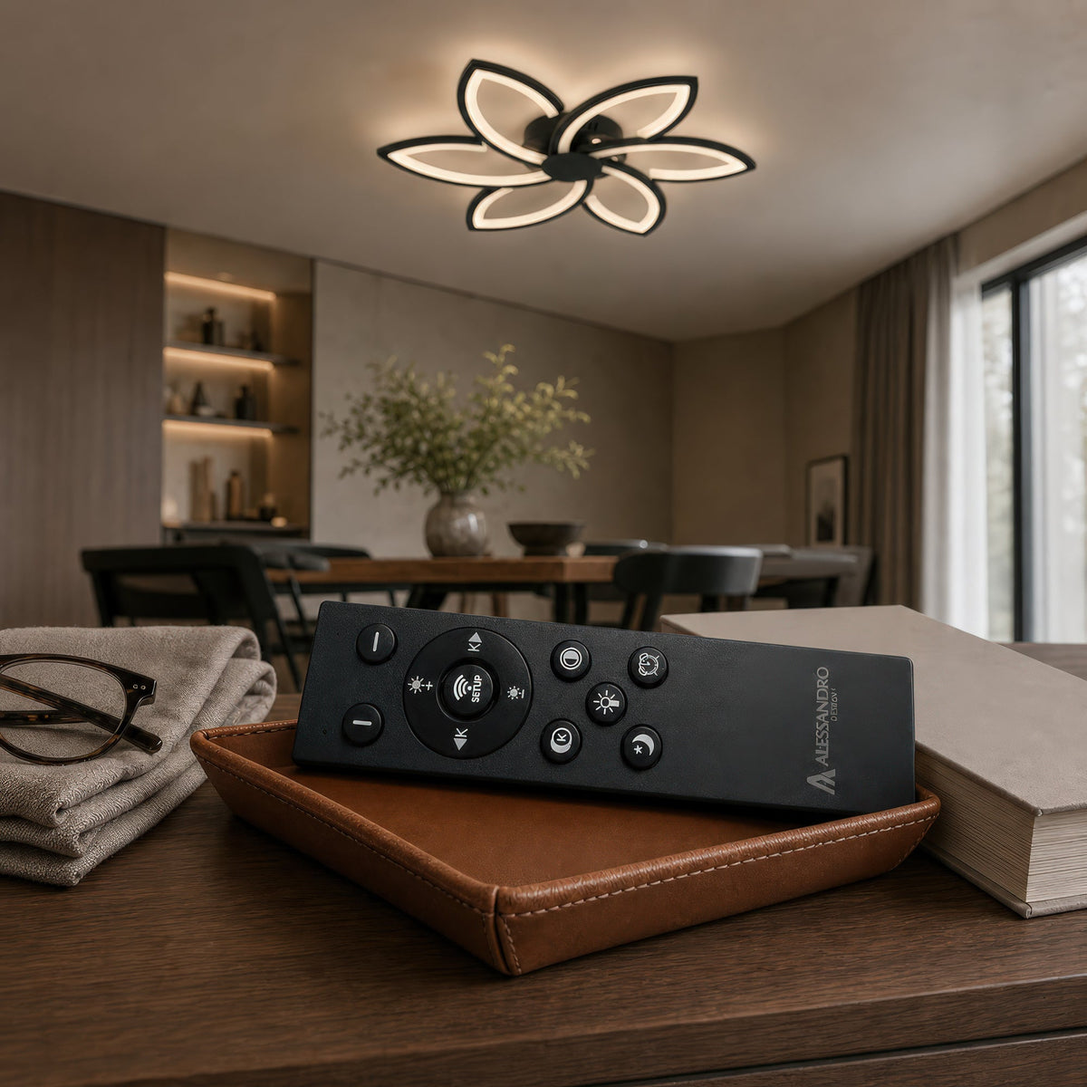 Lustra LED cu telecomanda si cristal FLORA 82W, 6 Petale, lumina Rece/Calda/Neutra, Dimabila, Negru