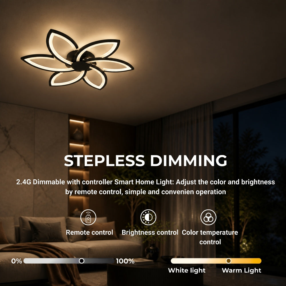 Lustra LED cu telecomanda si cristal FLORA 82W, 6 Petale, lumina Rece/Calda/Neutra, Dimabila, Negru